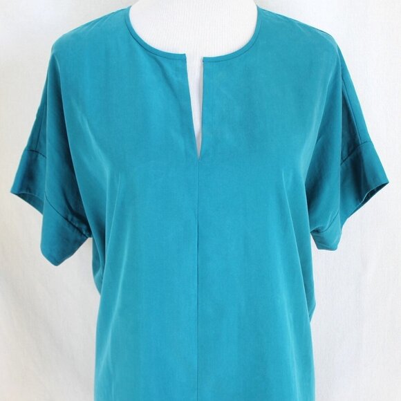 Eileen Fisher Top Womens Size M Teal Blue Short Sleeve Split V Neck Lyocell - Picture 2 of 7